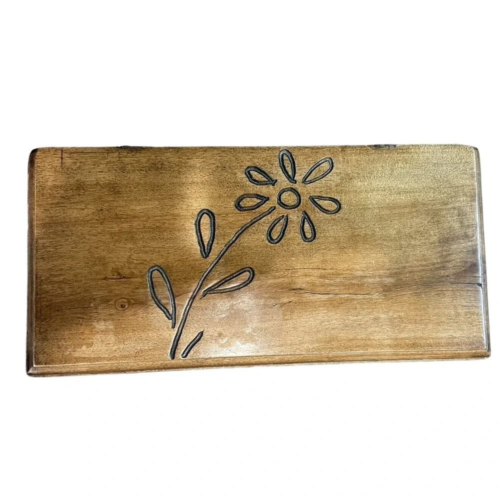 Vintage Rustic Wooden Jewelry Box Hand Carved Floral‎ Farmhouse Trinket 12